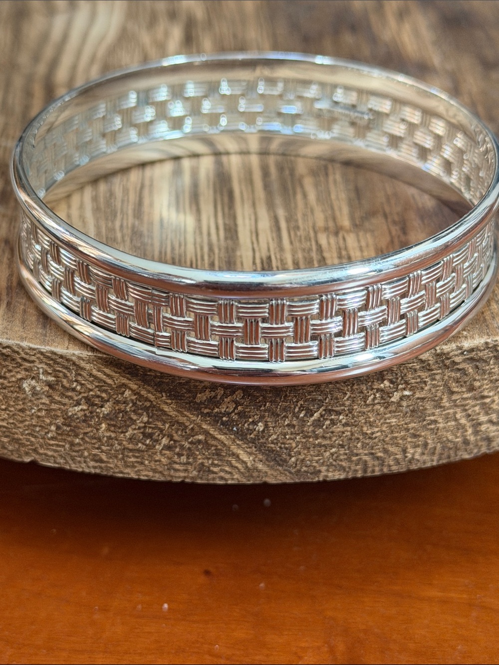 Sterling Silver Woven-Texture  Bangle Bracelet